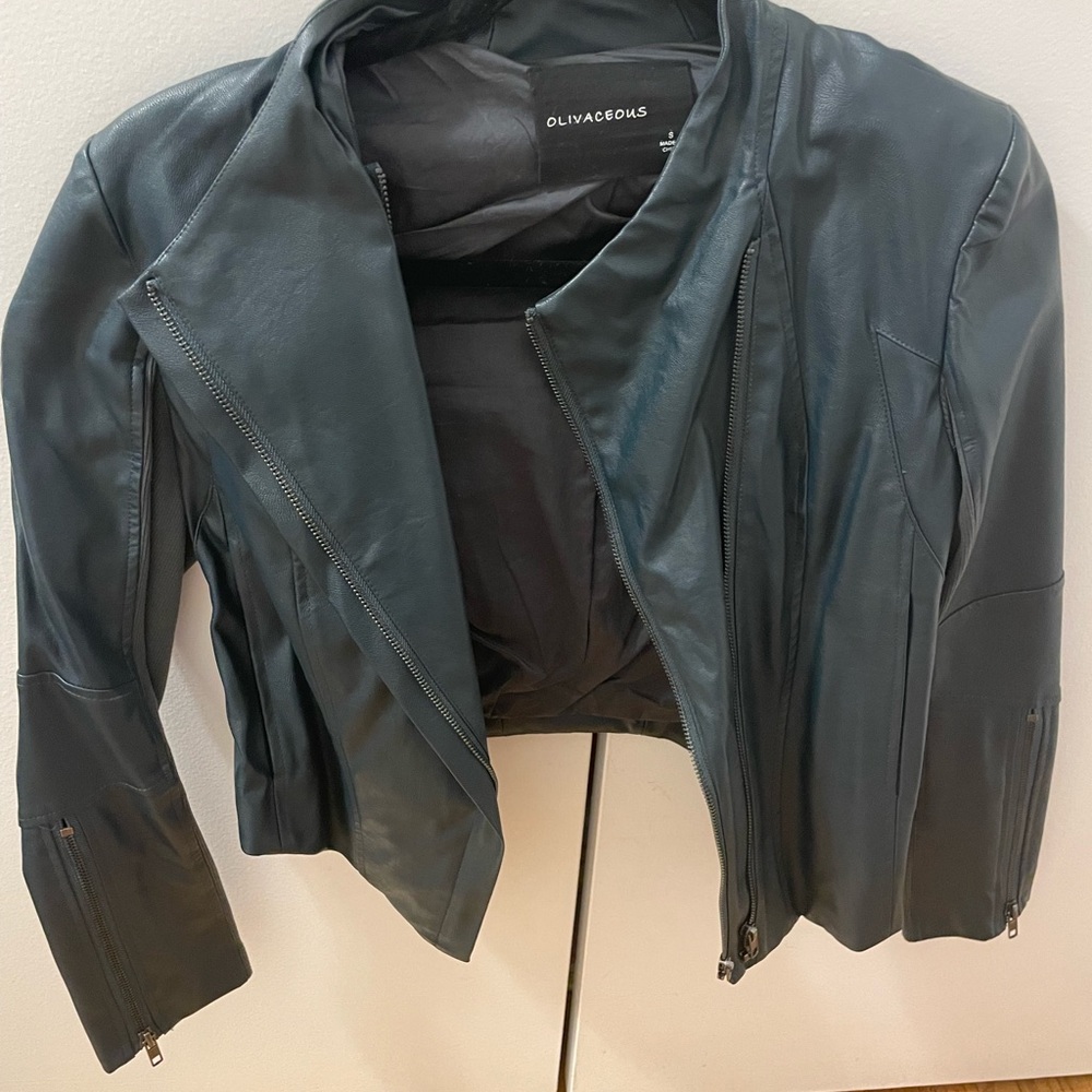 Olivaceous teal leather jacket